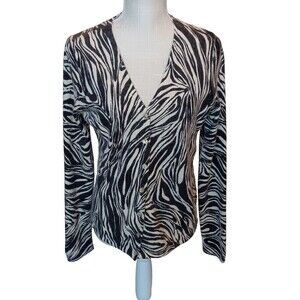 Vtg Jillian Jones Size M Lambs Wool/Angora Rabbit Zebra Print Cardigan Sweater
